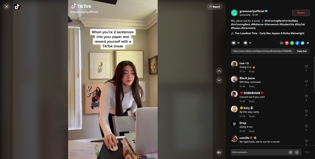 Screenshot of Grammarly Official Tiktok Post