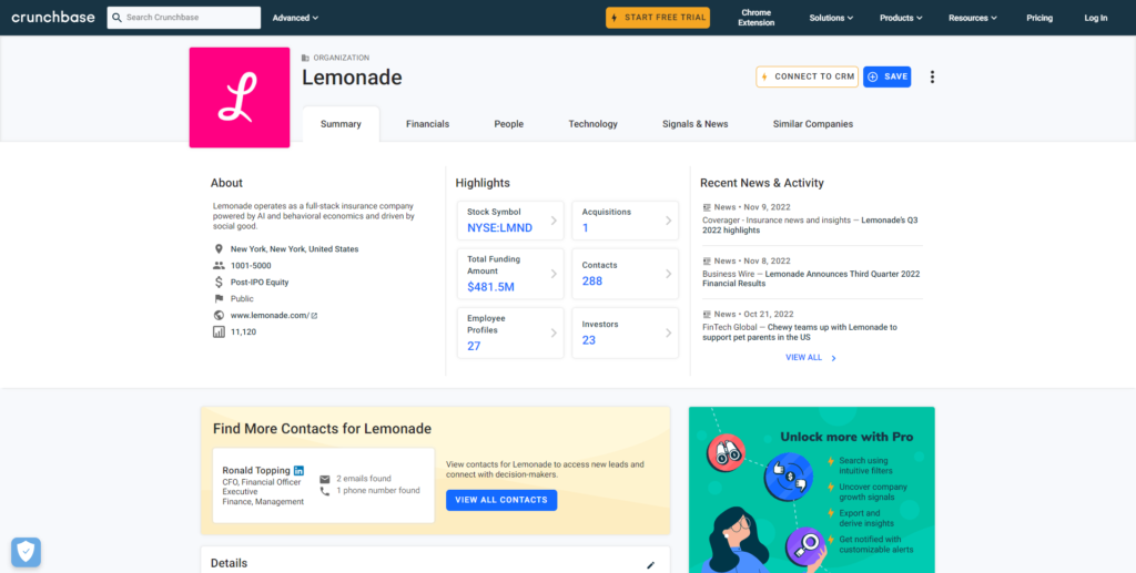 Screenshot of Lemonade Company Information on CrunchBase