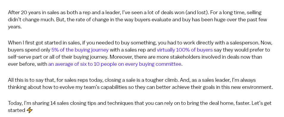 Screenshot of Post on sales closing techniques by Brooke Freedman