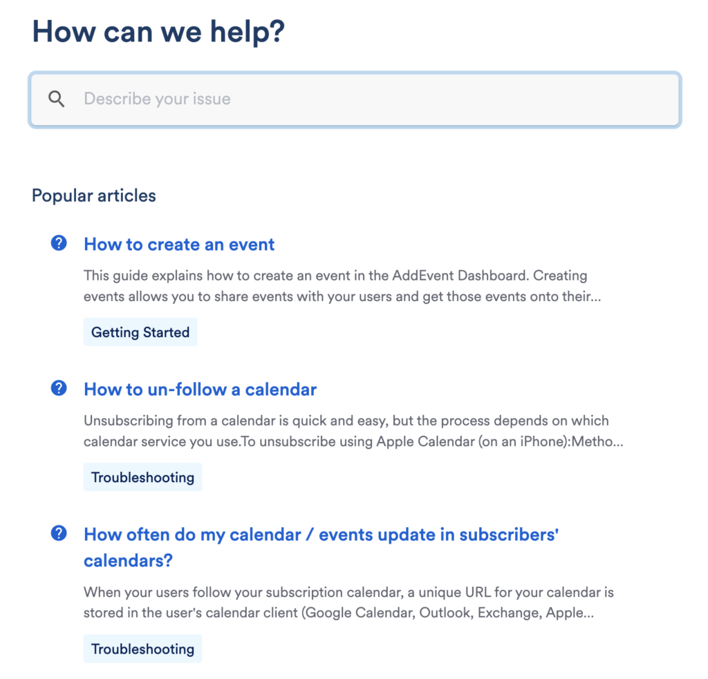 Screenshot of AddEvent Help Center