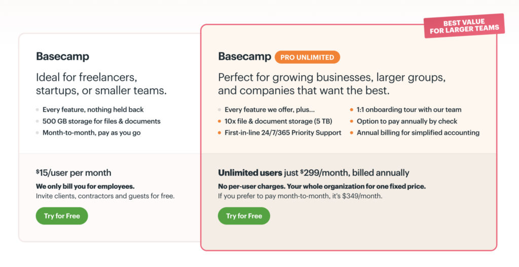 Screenshot of Basecamp Pricing Page