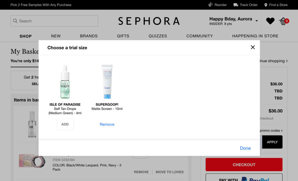 Screenshot of Sephora Choose a trial product window