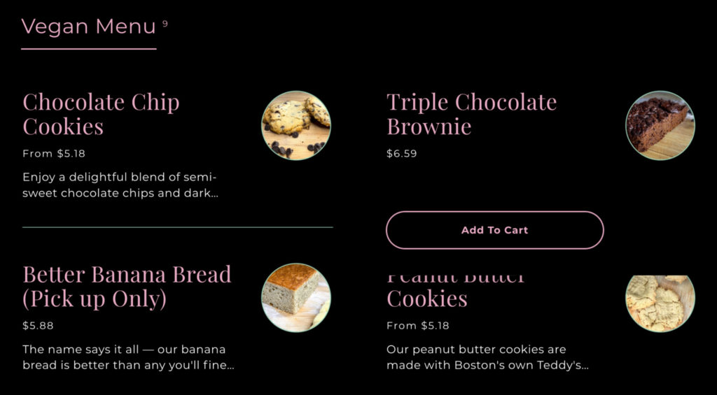 Screenshot of Clarke's Cakes & Cookies Vegan Menu