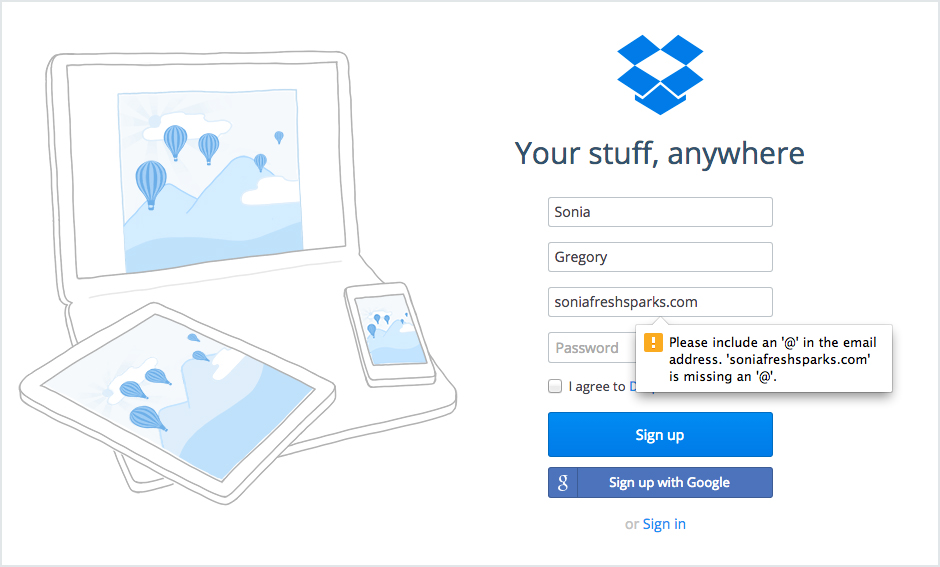 Screenshot of Dropbox Log In Screen