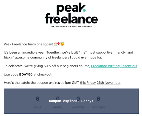 Screenshot of Peak Freelance email with discount coupon