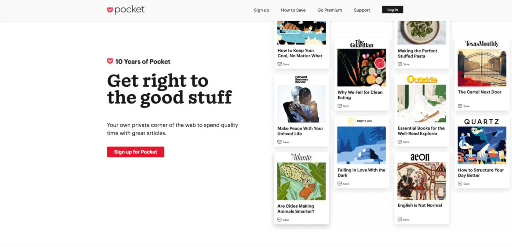 Screenshot of Pocket Homepage