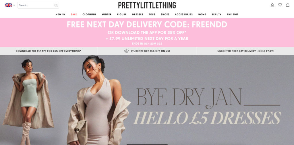 Screenshot of Pretty Little Thing Homepage