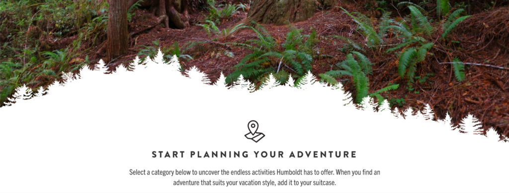 Screenshot of Visit Humboldt uses silhouette of the county’s famous Redwood trees to blend the hero image