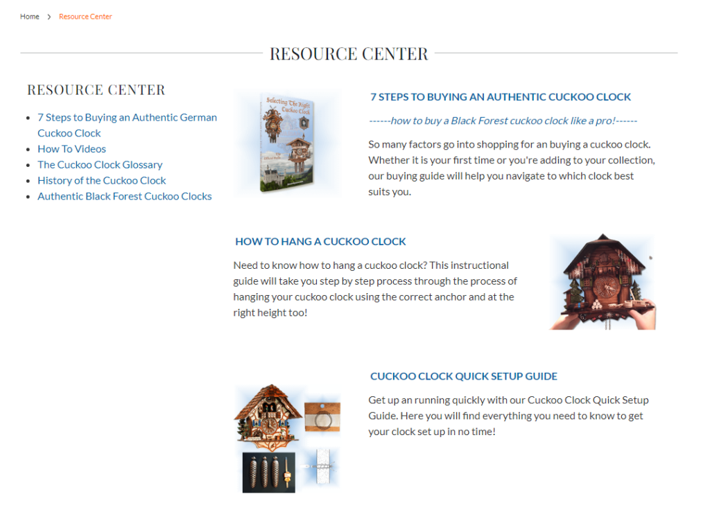 Screenshot of Bavarian Clockworks Resource Center Page