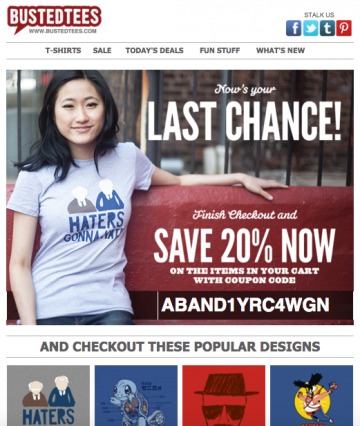 Screenshot of the BustedTees email three to four hours after the first email
