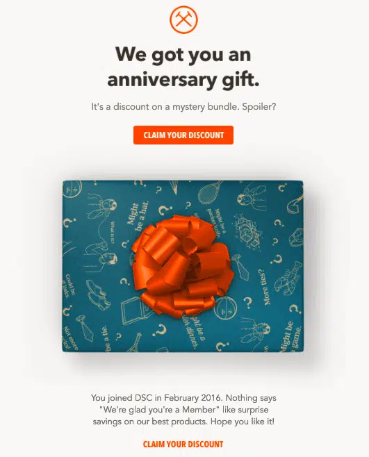 Screenshot of Dollar Shave Club anniversary emails