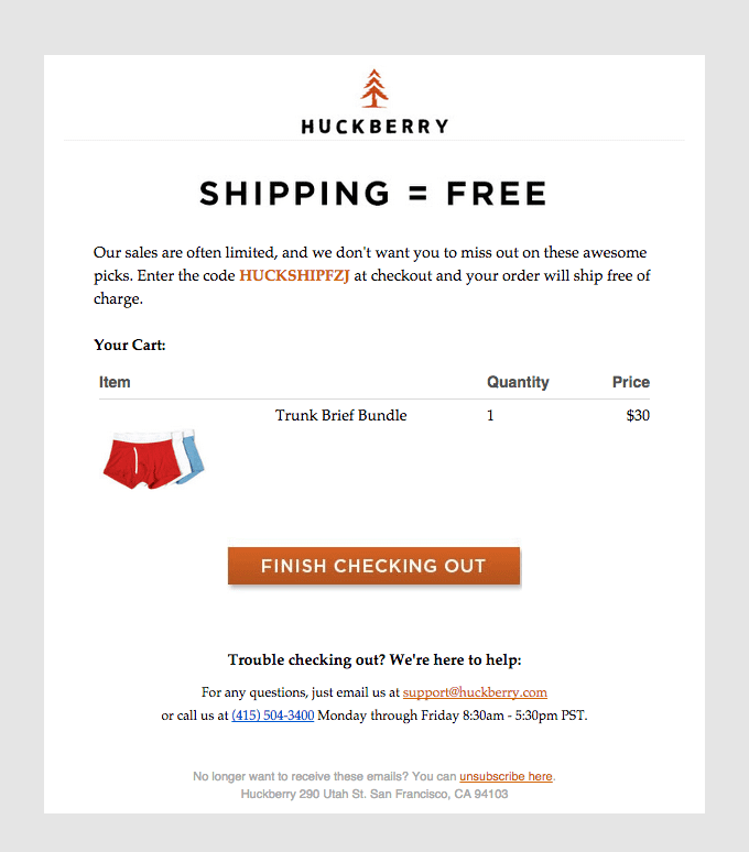 Screenshot of Huckberry’s abandoned cart emails