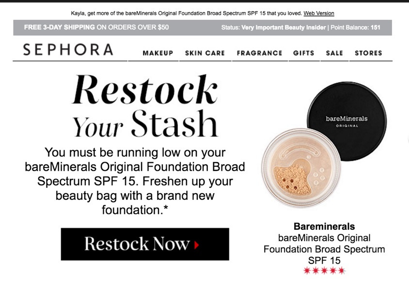 Screenshot of Sephora Ecommerce Email recommending a previously purchased item
