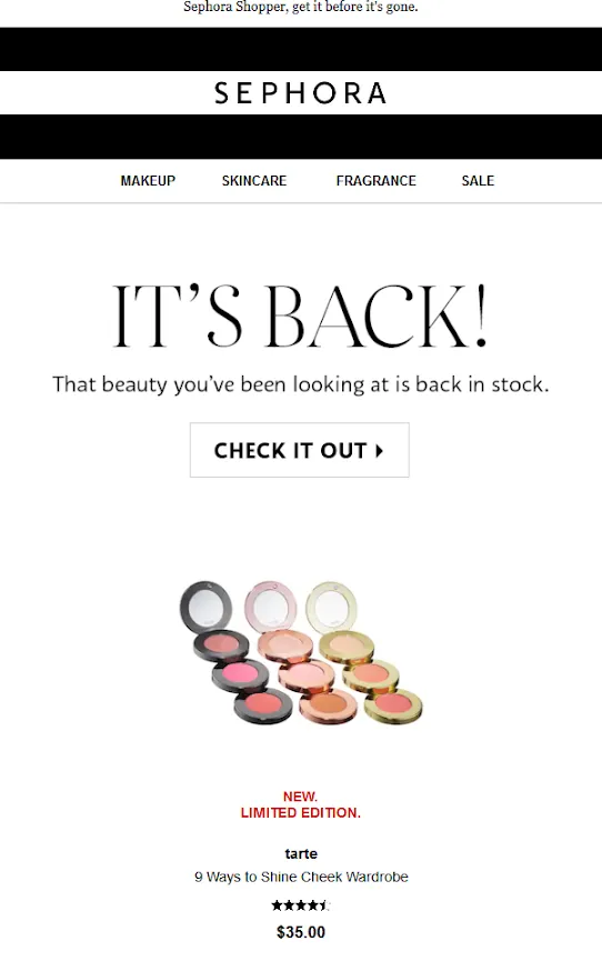 Screenshot of Sephora restocked product alert emails