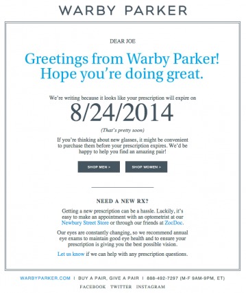 Screenshot of Warby Parker Email