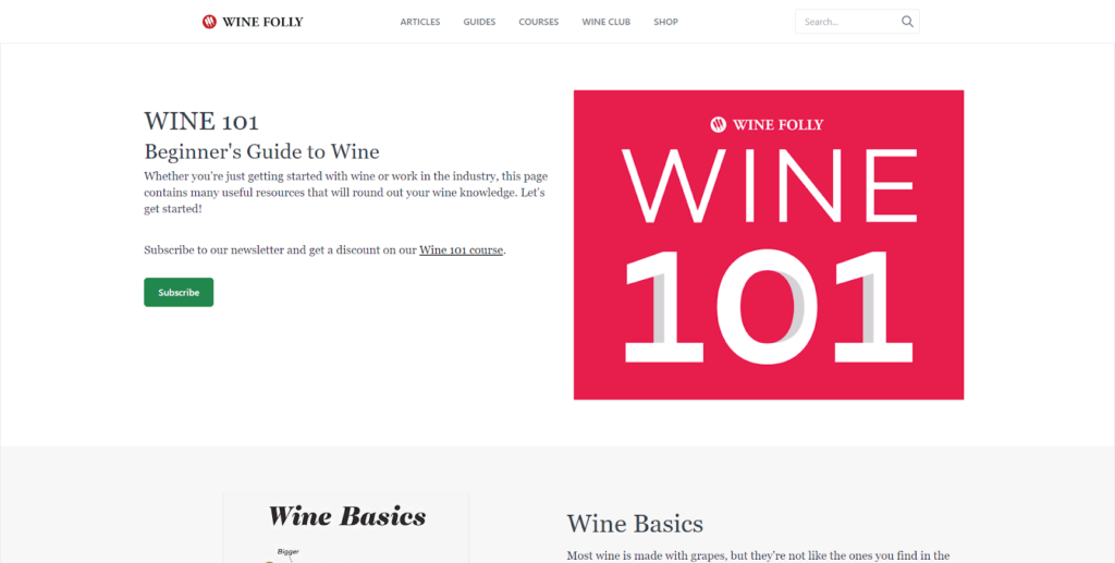 Screenshot of Wine Folly Homepage