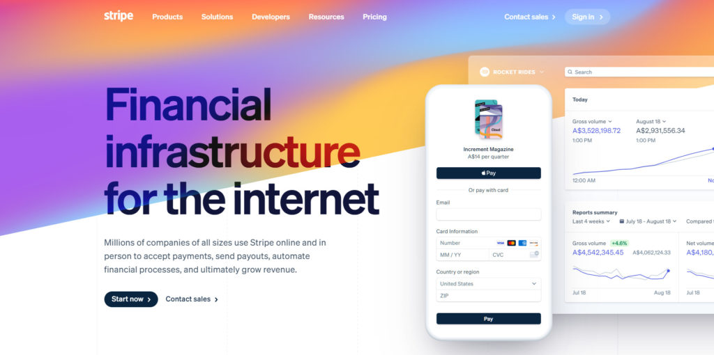 Screenshot of the Stripe homepage. Text reads: Financial infrastructure for the internet Millions of companies of all sizes use Stripe online and in person to accept payments, send payouts, automate financial processes, and ultimately grow revenue.