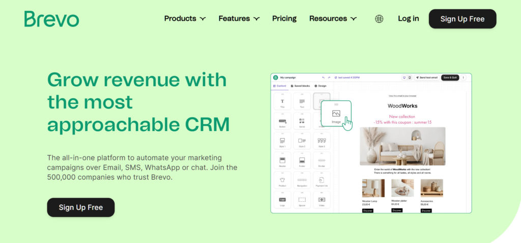 Screenshot of Brevo's homepage. Relevant text reads: Grow revenue with the most approachable CRM - The all-in-one platform to automate your marketing campaigns over Email, SMS, WhatsApp or chat. Join the 500,000 companies who trust Brevo.