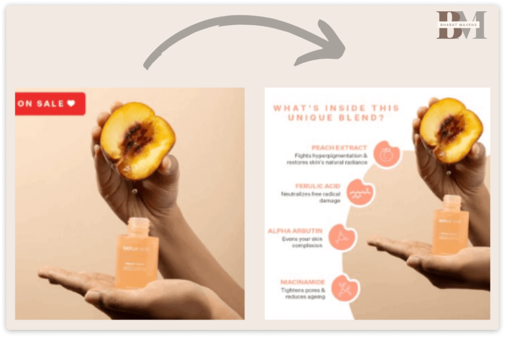 Product image from a skincare brand's ecommerce site, which lists four different product benefits alongside an image of the product itself.