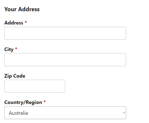 Screenshot of part of booking.com's booking form, showing Address, City, Zip Code, and Country fields.