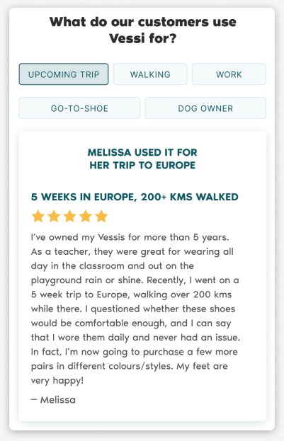 Jobs to be done section of the Vessi ecommerce product page, showing a review that describes using the shoes for an upcoming trip.