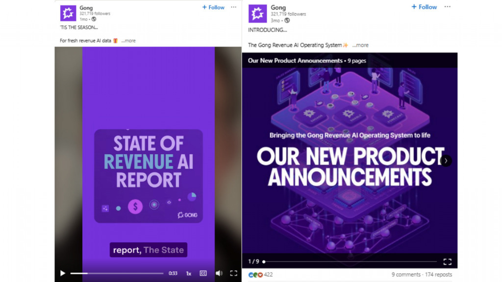 Gong.io video and carousel LinkedIn posts