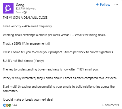 Gong.io text LinkedIn post