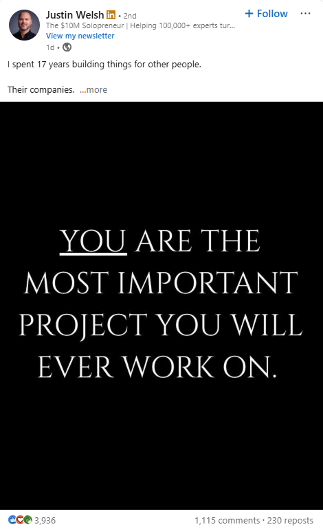 Justine Welsh LinkedIn post showing personal storytelling in LinkedIn post