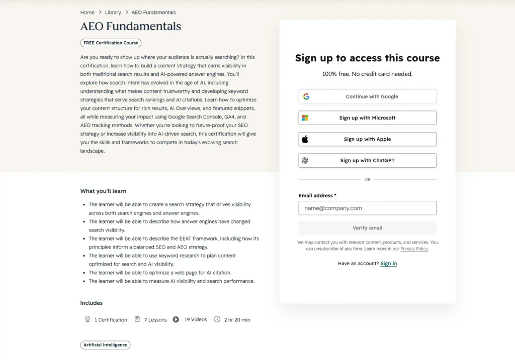 Light landing page for AEO fundamentals course