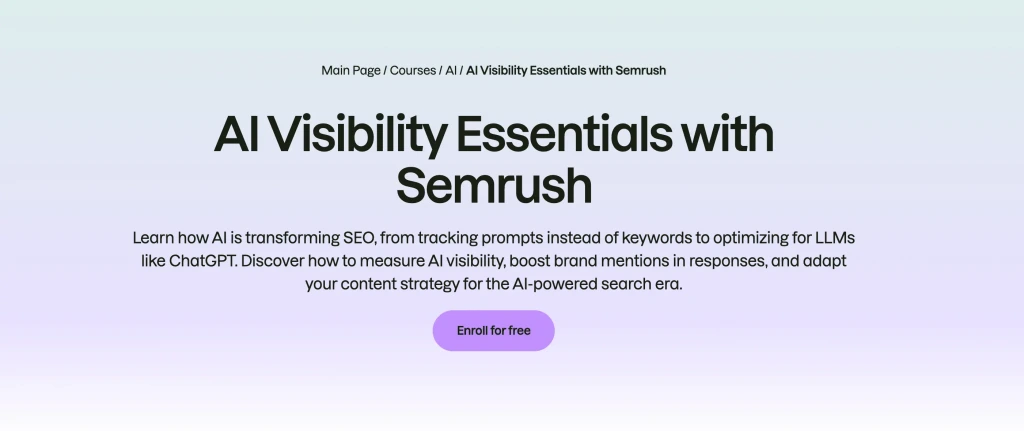 Landing page heading for AI visibility course with Semrush