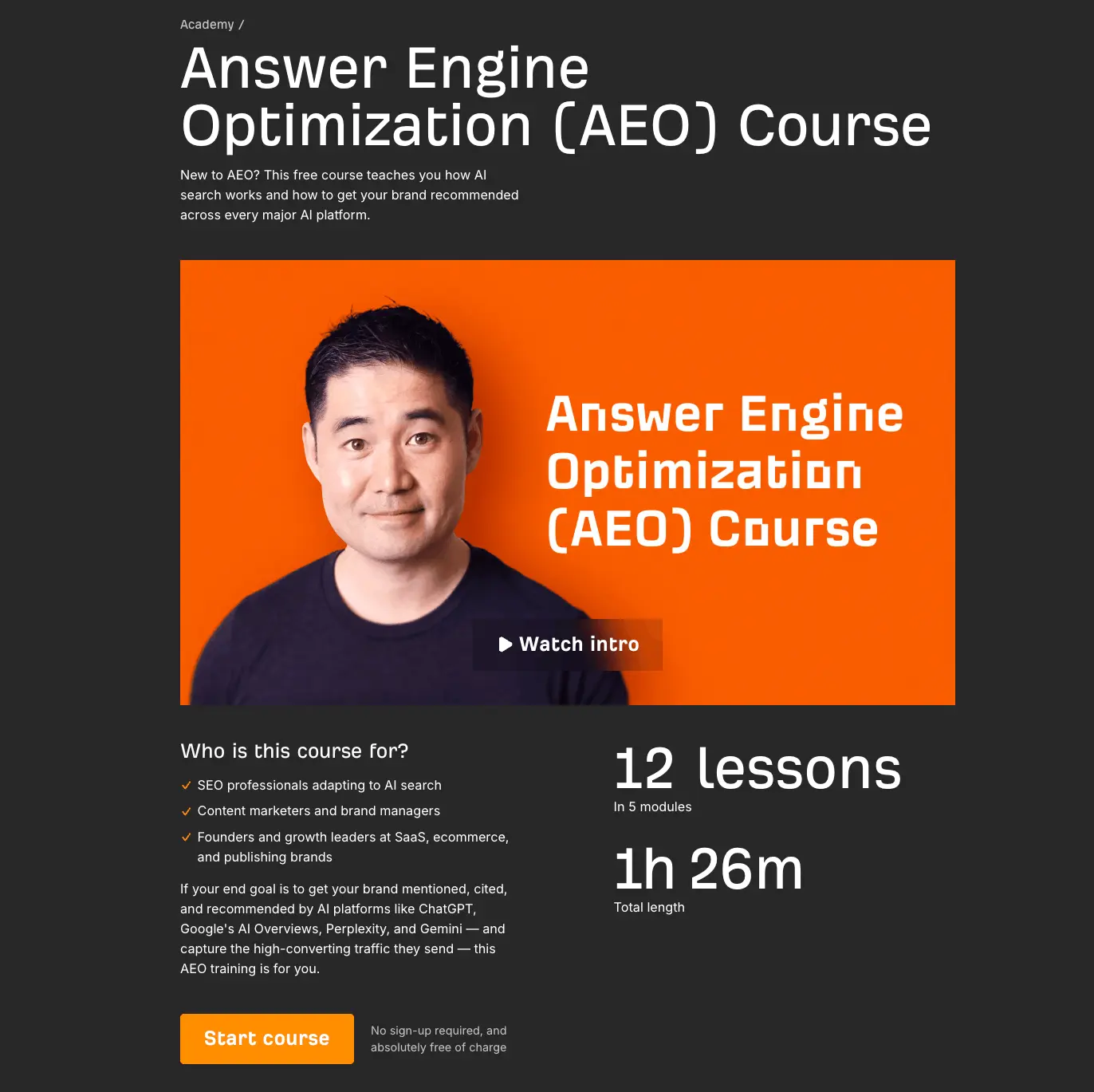Black landing page with AEO course title and information