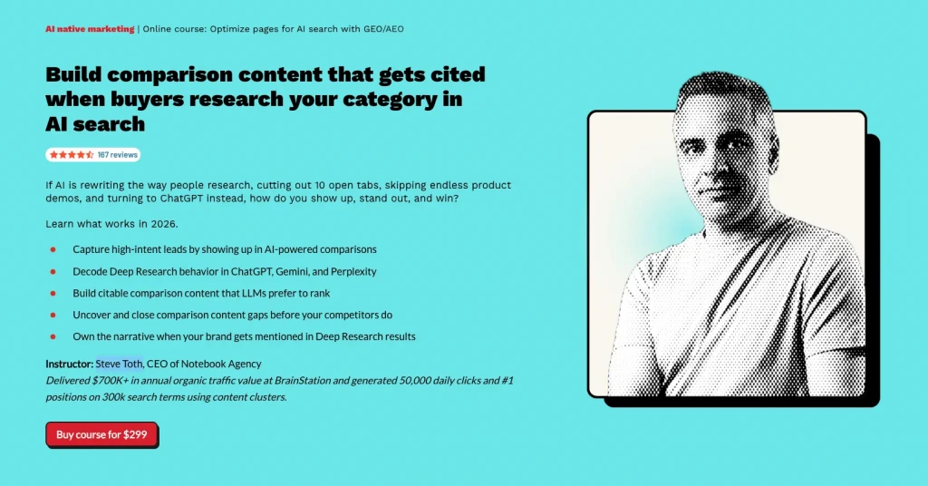 CXL landing page with blue background for GEO/AEO course
