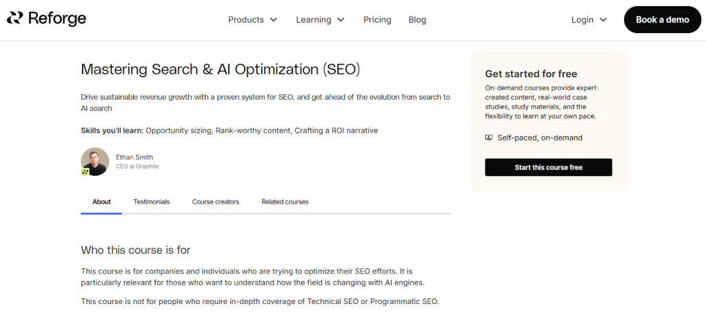Screenshot Mastering Search & AI Optimization (SEO) course LP (Reforge)