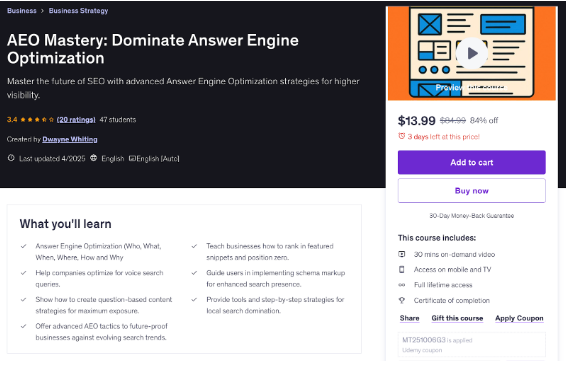 Screenshot of. AEO Mastery: Dominate Answer Engine Optimization course LP (Udemy)