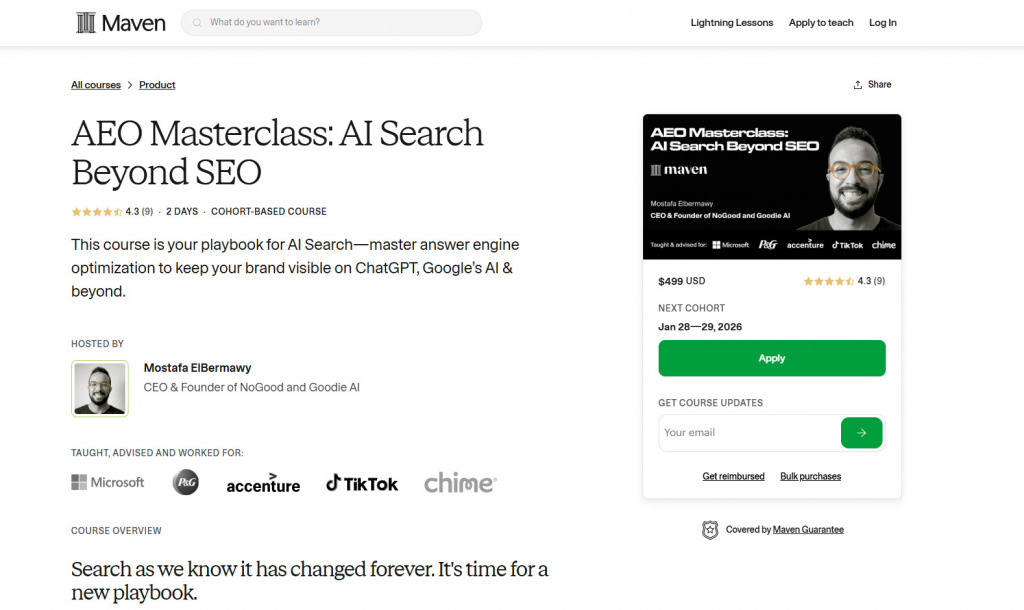 Screenshot of AEO Masterclass: AI Search Beyond SEO course LP (Maven)