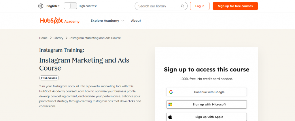 Instagram Marketing (Free Course) — HubSpot Academy landing page