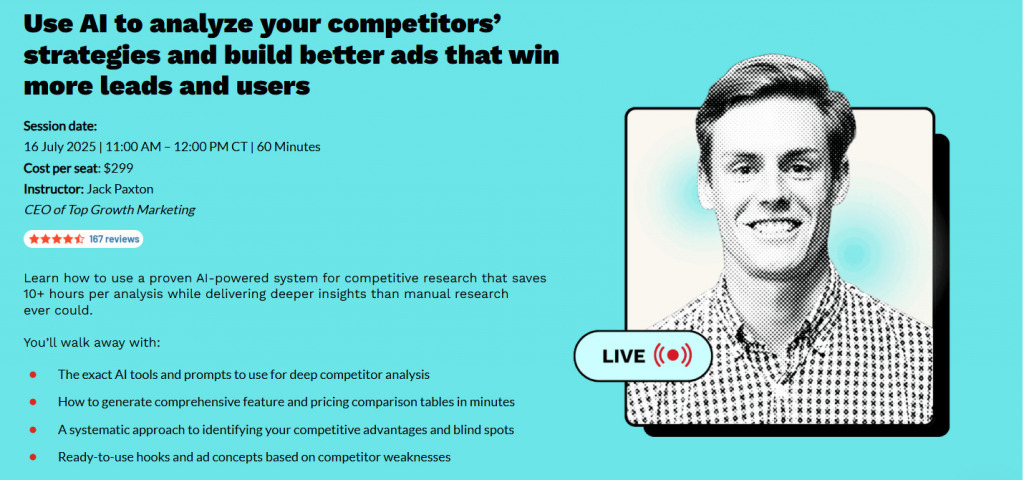 Competitive Research for Ads Using AI (live cohort) — CXL Institute landing page