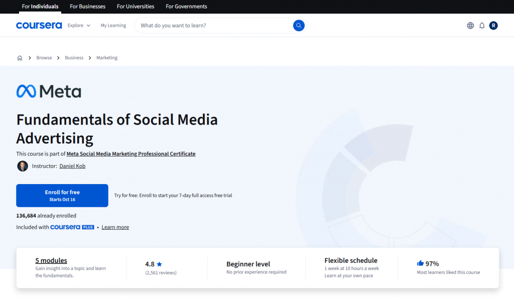 Fundamentals of Social Media Advertising — Coursera (Meta) landing page