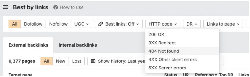Screenshot of Ahrefs 404 pages