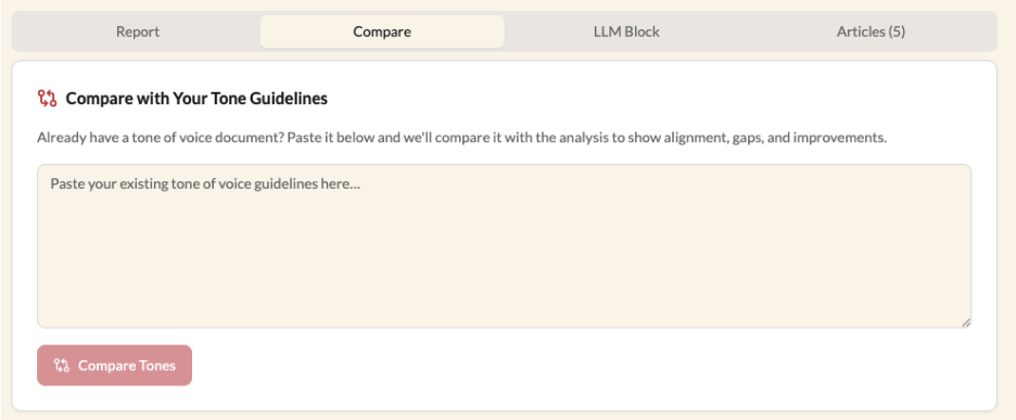 Screenshot of CXL blog voice analyzer app: Compare tone guidelines
