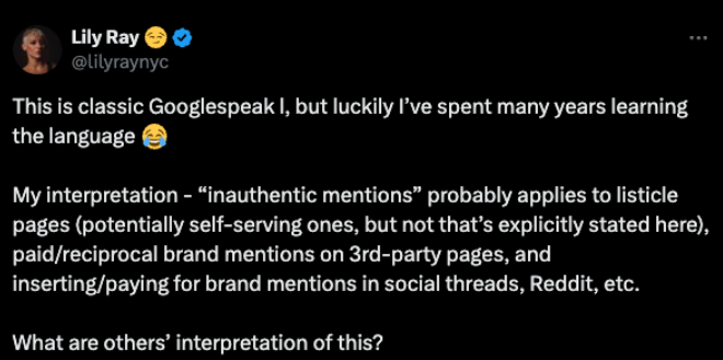 Screenshot of Lily Ray X post on inauthentic mentions